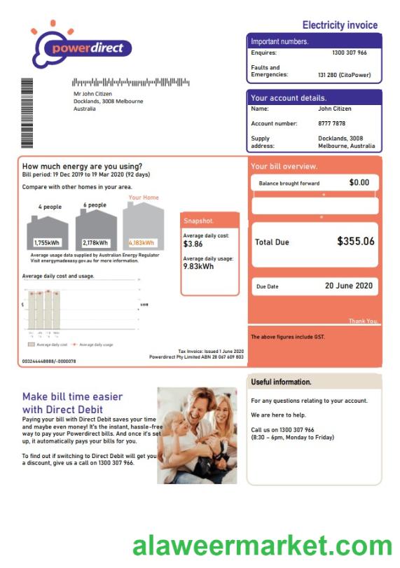 Australia Powerdirect electricity utility bill